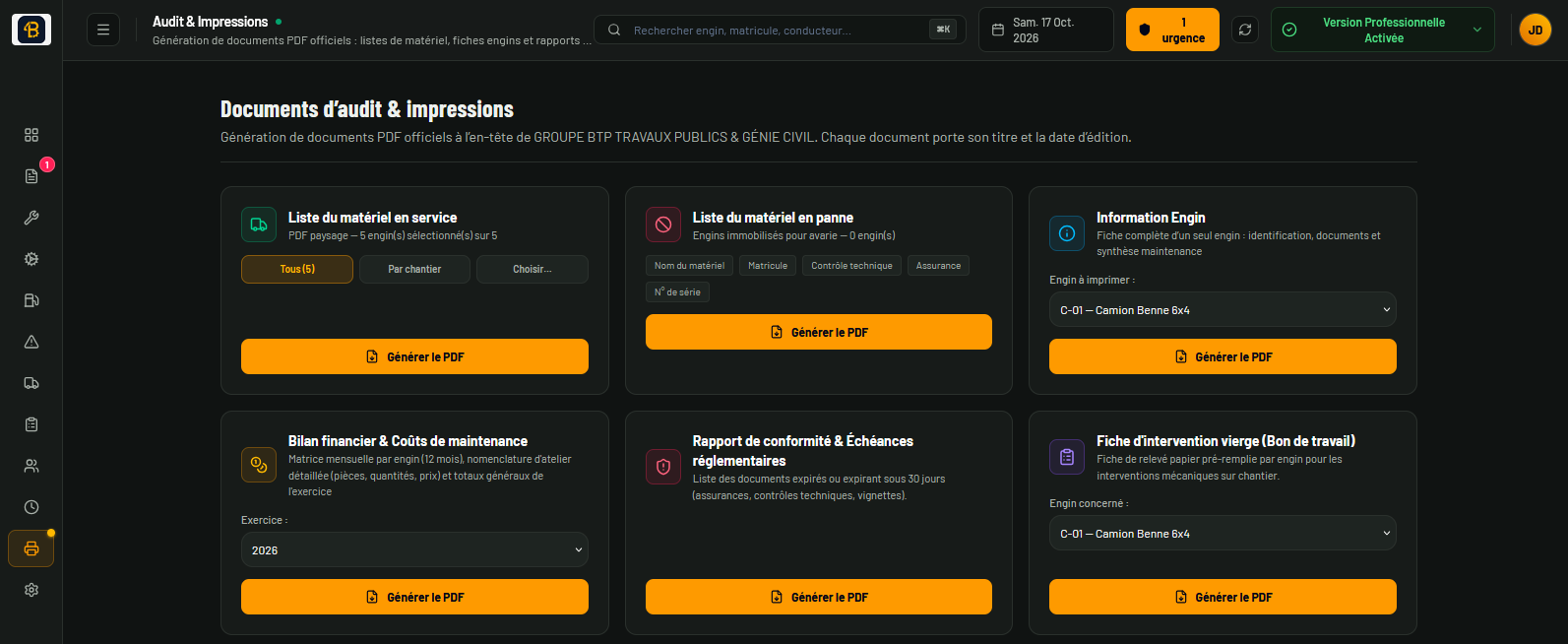 Module Audit et Impressions : génération de listes de matériel en service ou en panne, bilan financier et coûts de maintenance, rapport de conformité et fiche d'intervention vierge