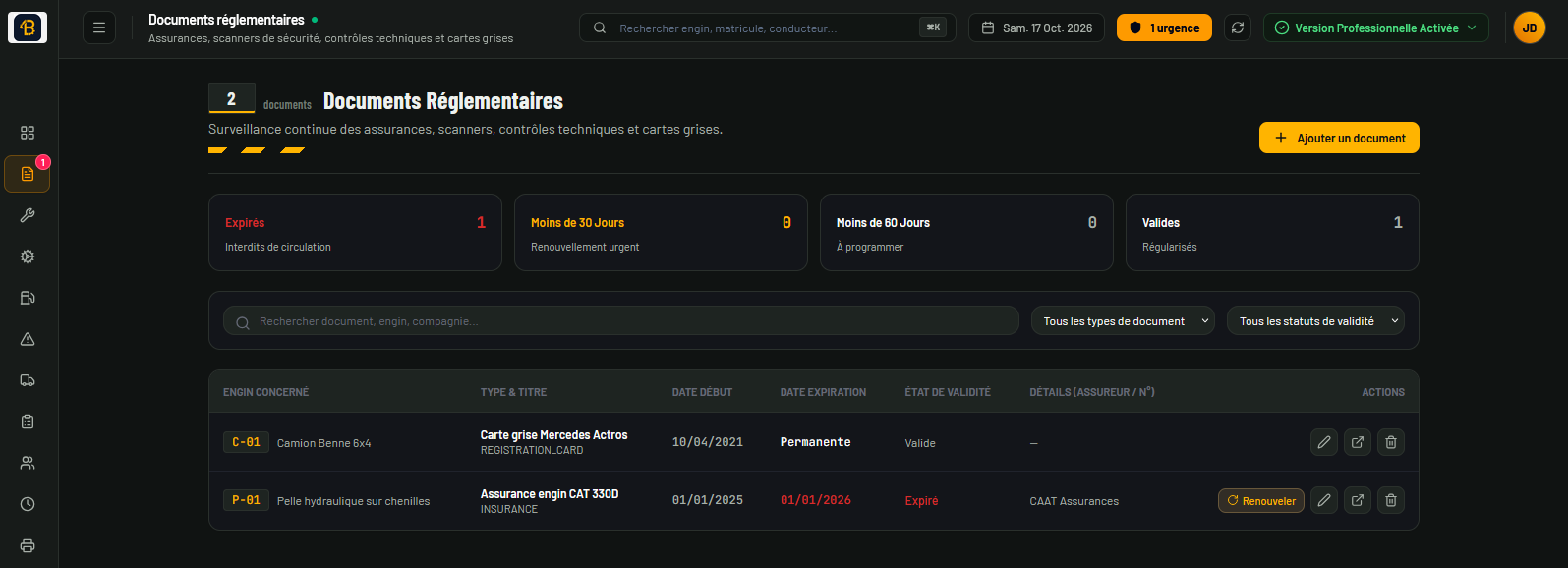 Vue Documents réglementaires : assurances, cartes grises et contrôles techniques avec dates d'expiration, statut valide ou expiré et actions par engin