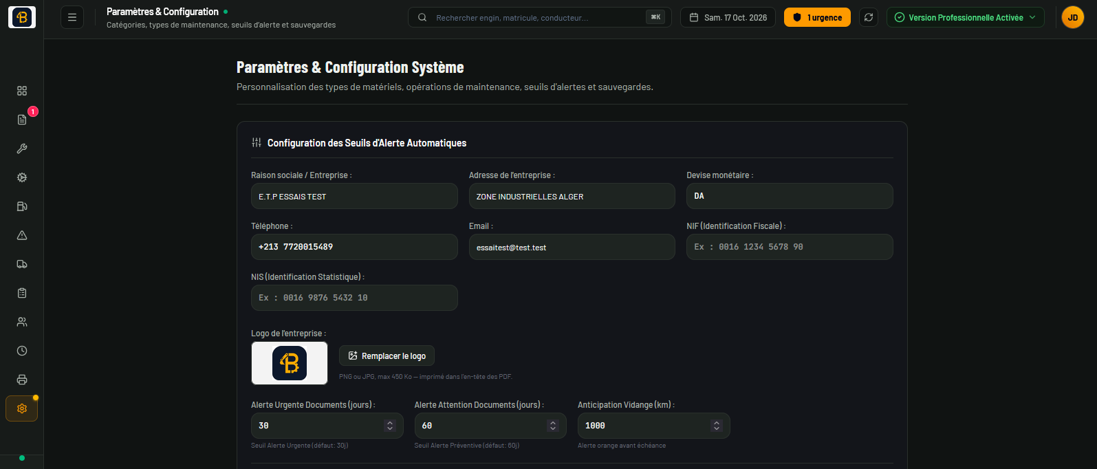 Paramètres système : identité de l'entreprise, devise en DA, logo imprimé sur les PDF et seuils d'alerte configurables pour les documents et la vidange